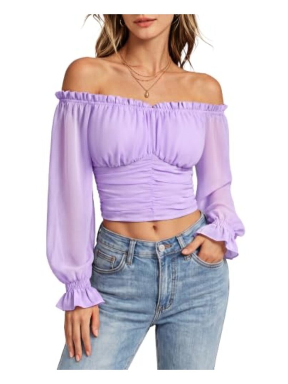 Off Shoulder Ruched Crop Top Long Sleeve Chiffon Blouse